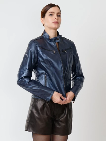 Кожаный комплект женский: Куртка 399 + Шорты 01, синий перламутр/черный, размер 44, артикул 111206-3