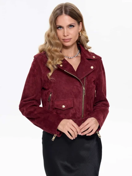 Женская замшевая куртка косуха с поясом премиум класса 3080з, бордовая, размер 44, артикул 24740-0