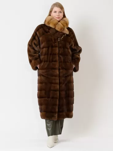 Демисезонный комплект женский: Пальто из меха норки с соболем 1150в + Брюки 06, коричневый/оливковый, р. 52, арт. 111225-5