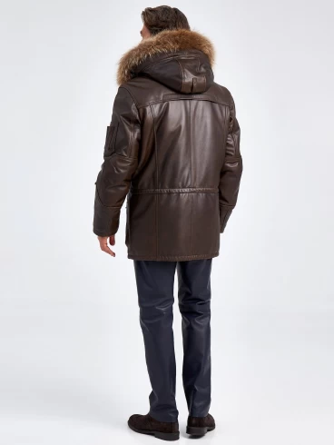 Утепленная мужская кожаная куртка аляска с мехом енота Алекс, темно-коричневая, размер 48, артикул 40720-2