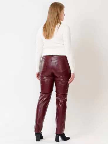Кожаные зауженные брюки женские 02, из натуральной кожи, бордовые, р. 42, арт. 85490-1