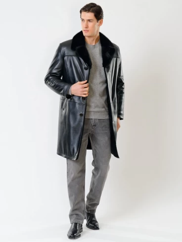Мужское зимнее кожаное пальто с норковым воротником премиум класса 533мех, черное, размер 50, артикул 71060-3