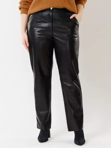 Кожаные прямые брюки женские 04, из натуральной кожи, черные, р. 48, арт. 85390-5