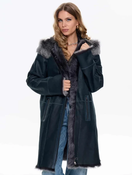 Женская дубленка с капюшоном из тосканы 2067, синяя, размер 48, артикул 64740-3