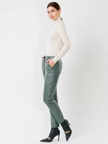 Кожаные зауженные брюки женские 03, из натуральной кожи, оливковые, р. 52, арт. 85260-1