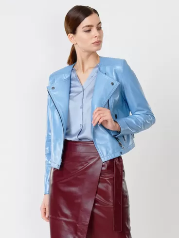 Кожаный комплект женский: Куртка 389 + Юбка-миди 07, голубой/бордовый, р. 42, арт. 111112-3