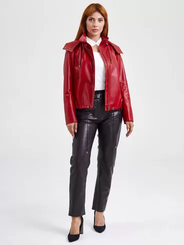 Кожаная куртка женская 305, с капюшоном, красная, р. 48, арт. 91741-3