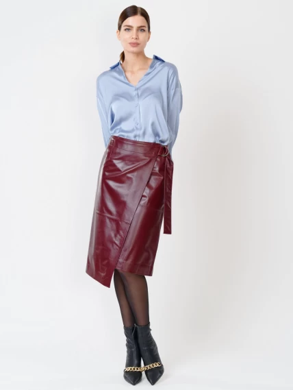 Бордовая кожаная юбка миди 07, размер 42, артикул 85420-3