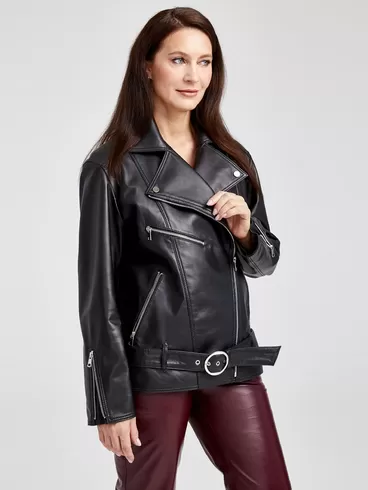 Кожаный комплект женский: Куртка 3013 + Брюки 02, черный/бордовый, р. 46, арт. 111147-4