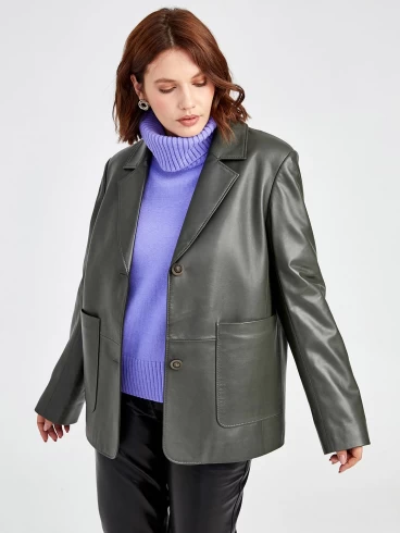 Кожаный пиджак женский 3016, оливковый, р. 46, арт. 91581-1