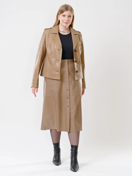Кожаный комплект женский: Куртка 304 + Юбка-миди 08, коричневый, размер 44, артикул 111142-6
