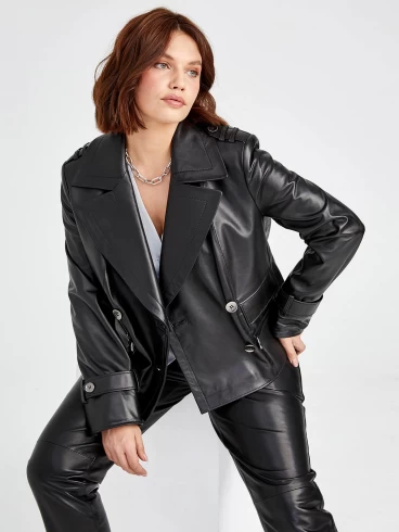 Двубортный кожаный женский пиджак 3014, черный, размер 48, артикул 91570-3