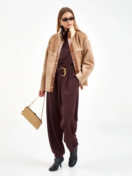 Короткая женская дубленка 2074, бежевая, размер 44, артикул 65250-1