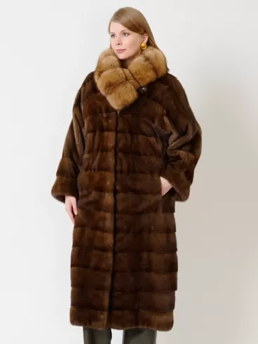 Демисезонный комплект женский: Пальто из меха норки с соболем 1150в + Брюки 06, коричневый/оливковый, р. 52, арт. 111225-4