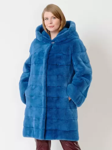 Пальто из меха норки женское 245к, с капюшоном, голубое, р. 52, арт. 32780-5