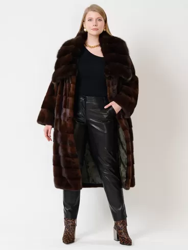 Пальто из меха норки с соболем женское 1150в, длинное, темно-коричневое, арт. 32790-1