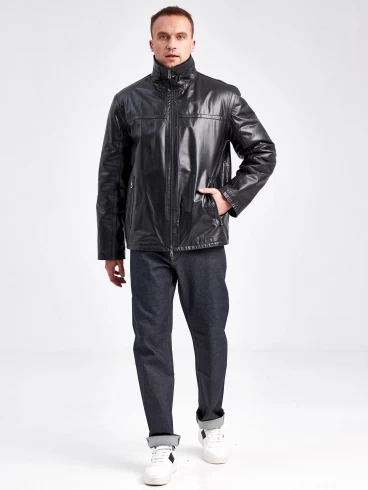 Кожаная зимняя мужская куртка на подкладке из овчины 5216, черная, размер 46, артикул 23130-5