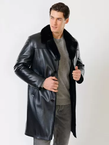 Кожаное пальто зимнее премиум класса мужское 533мех, воротник с мехом норки, черное, р. 50, арт. 71060-0