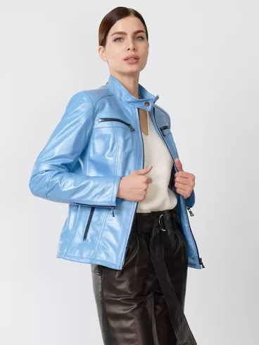 Кожаный комплект женский: Куртка 301 + Брюки 05, голубой перламутр/черный, р. 44, арт. 111167-4