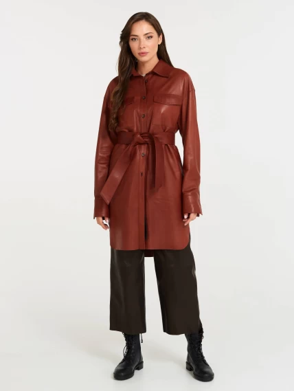 Кожаный комплект женский: Платье - рубашка 01 + Брюки 05, коньячный/черный, размер 44, артикул 111121-0