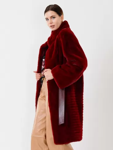 Пальто из меха норки женское 2826, с кожаным поясом, бордовое, р. 46, арт. 32690-1