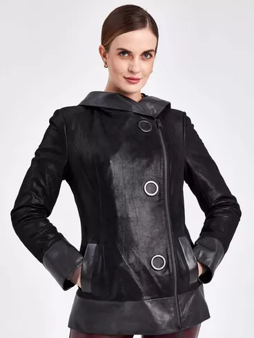 Кожаная куртка женская 333н, с капюшоном, черная, р. 46, арт. 23050-5