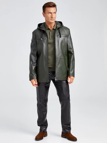 Удлиненная мужская кожаная куртка с молниями YKK премиум класса 552, оливковая, размер 48, артикул 28892-5