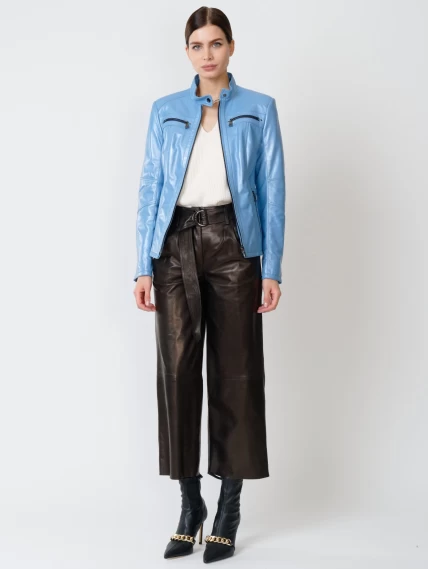 Кожаный комплект женский: Куртка 301 + Брюки 05, голубой перламутр/черный, размер 44, артикул 111167-6