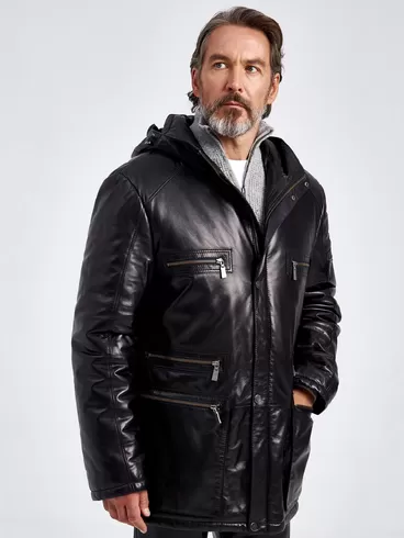 Кожаная куртка утепленная мужская 513, с капюшоном, черная, p. 56, арт. 29100-0