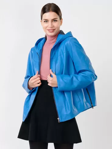 Кожаная куртка женская 308рc, с капюшоном, голубая, р. 46, арт. 91140-0