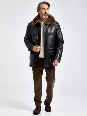 Кожаная куртка зимняя мужская 514мех, с воротником меха енота, черная, p. 54, арт. 40760-1
