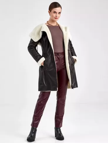 Кожаное пальто зимнее женское 390мех, с капюшоном, черное - белое, р. 50, арт. 91810-5
