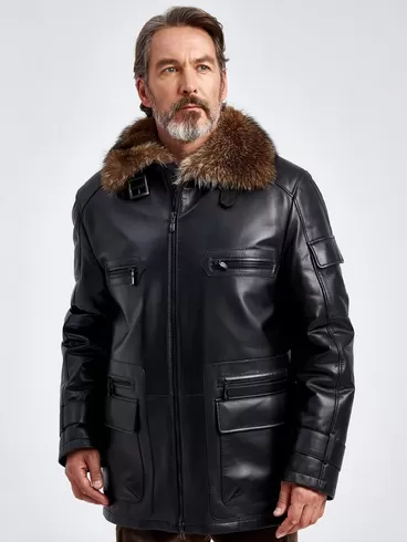 Кожаная куртка зимняя мужская 514мех, с воротником меха енота, черная, p. 54, арт. 40760-6