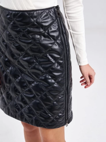Кожаная женская стеганная юбка мини из натуральной кожи премиум класса 11, черная, размер 44, артикул 85880-4