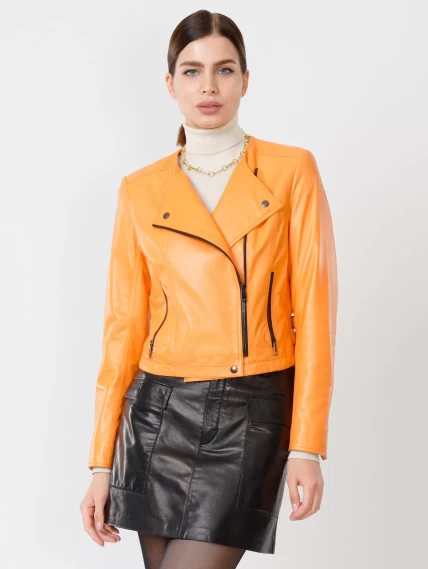 Кожаный комплект женский: Куртка 389 + Мини-юбка 03, оранжевый/черный, размер 42, артикул 111114-4