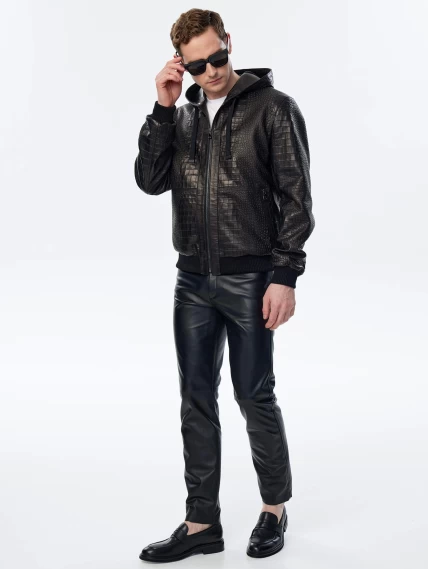 Мужская кожаная куртка бомбер с капюшоном премиум класса 561, черная, размер 50, артикул 29690-6