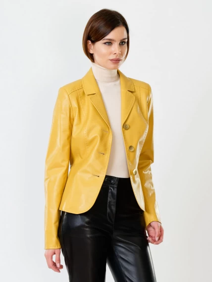 Кожаный костюм женский: Пиджак 316рс + Брюки 03, желтый/черный, размер 44, артикул 111152-4