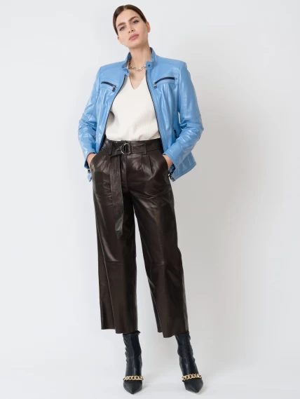Кожаный комплект женский: Куртка 301 + Брюки 05, голубой перламутр/черный, размер 44, артикул 111167-0
