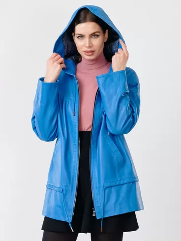 Кожаная куртка женская 303у , с капюшоном, голубая, р. 50, арт. 90690-6