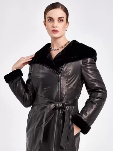 Кожаное пальто зимнее женское 394мех, с капюшоном, черное, р. 50, арт. 91870-6