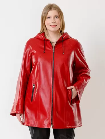 Кожаная куртка женская 383, с капюшоном, красная, р. 50, арт. 91311-5