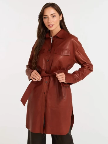Женское кожаное платье рубашка из натуральной кожи 01, коньячное, размер 44, артикул 90540-0