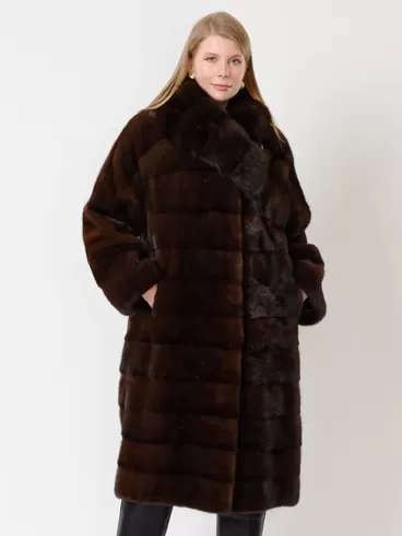 Пальто из меха норки с соболем женское 1150в, длинное, темно-коричневое, арт. 32790-6