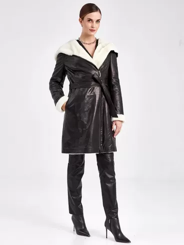 Кожаное пальто зимнее женское 394мех, с капюшоном, черное / белое, р. 50, арт. 91880-5
