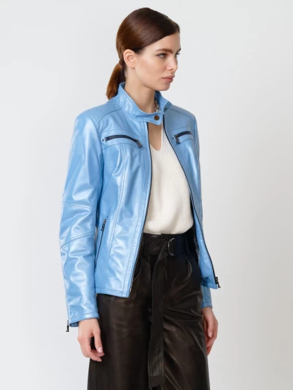 Кожаный комплект женский: Куртка 301 + Брюки 05, голубой перламутр/черный, размер 44, артикул 111167-3