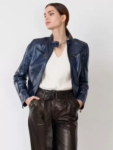 Кожаный комплект: Куртка женская 399 + Брюки женские 05, синий/черный, р. 44, арт. 111176-3
