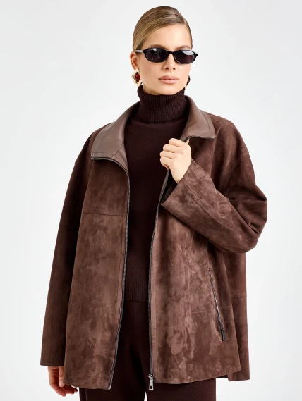 Короткая замшевая женская куртка премиум класса 3090з, коричневая, размер 48, артикул 92450-2
