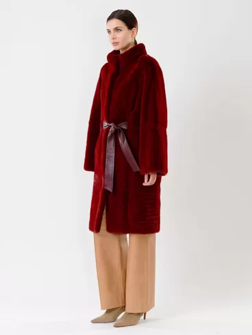 Пальто из меха норки женское 2826, с кожаным поясом, бордовое, р. 46, арт. 32690-3