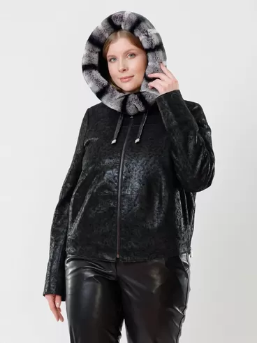 Замшевая утепленная куртка женская 308ш, с мехом "рекса", черная, р. 46, арт. 23731-1