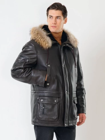 Кожаная куртка-аляска утепленная мужская Алекс, с мехом енота, коричневая, р. 48, арт. 40300-6